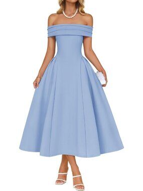 Women's Blue Summer 2026 Flowy A Line Semi Formal Off Shoulder Cocktail Dresses